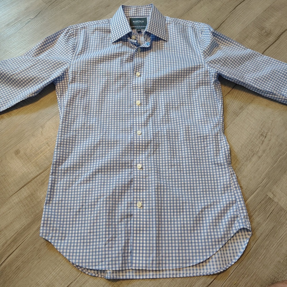 Bonobos Tailored Slim Fit Dress Shirt Blue White Check Premium Swiss Fabric 15 - Picture 2 of 7